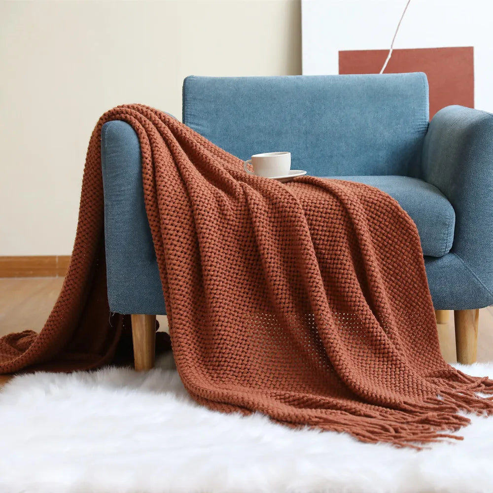 Ajourgebreide plaid met kwastjes Terracotta