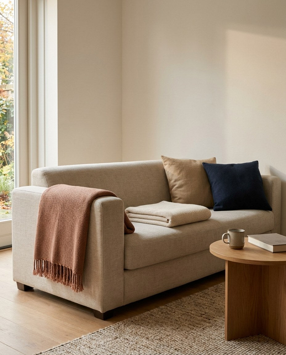Linnen bank met een terracotta gebreide plaid, een crème plaid en kussens in vlas en nachtblauw in herfstlicht